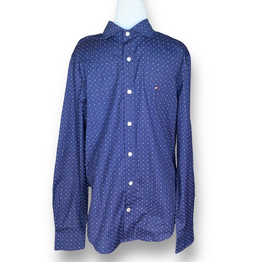 Mens Tommy Hilfiger Shirt Navy Blue Long Sleeve Button Front Red White H Print